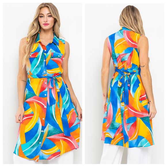 09 Fabulous Multi Color Button Up Dress With Self-tie - Picture 4 of 5